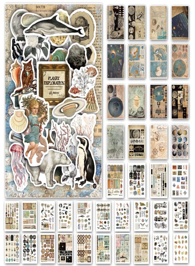 Prstincol Vintage Aesthetic Washi Stickers and Papers for Scrapbooking,40 Sheets Ephemera Book for Art Journaling with Celestial and Ocean Theme Stickers and Decoupage Papers for Junk Journal - Image 1